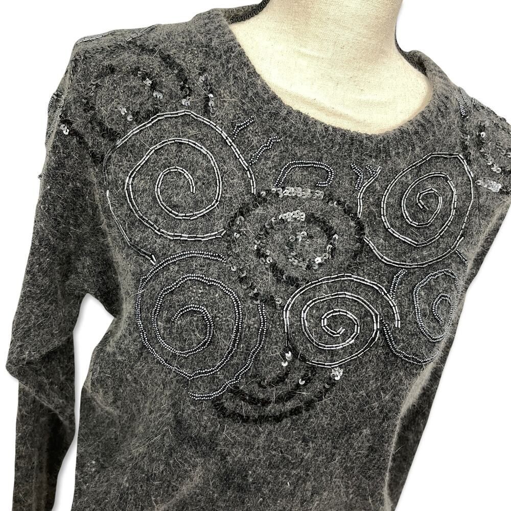Raoul VINTAGE Gray Silk Angora Sweater Womens Sz M Beaded Sequins Long Sleeve - Picture 2 of 10